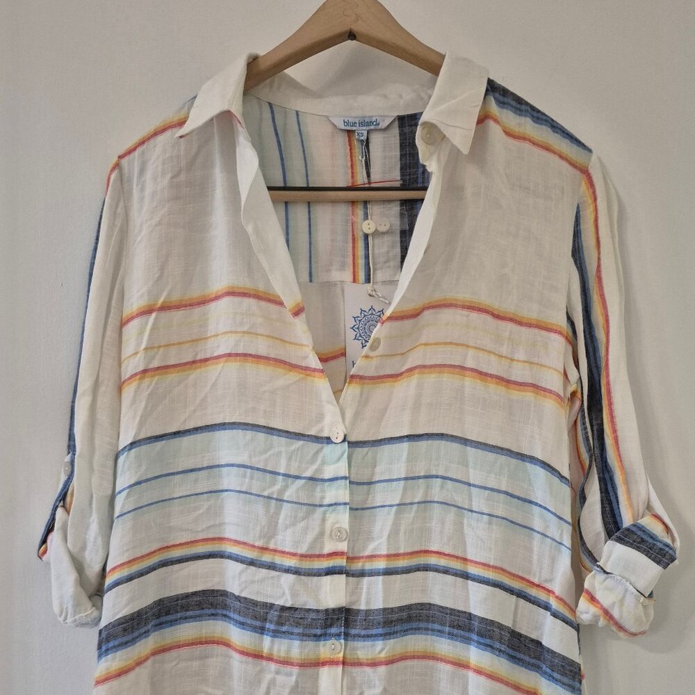 Rainbow Striped Oversized Tunic Shirt Women XS Beach Resort Coastal Grandmother